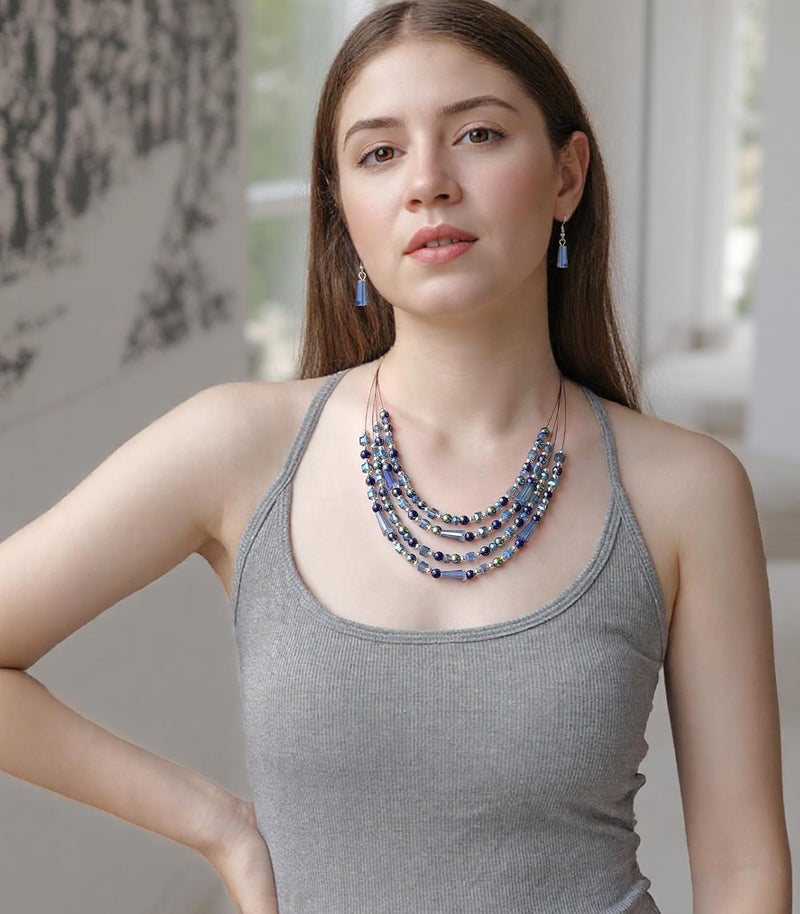 Errally Store Layered Beaded Statement Necklace Multi Strand Crystal Beads Collar Necklace and Earring Sets for Women Fashion Costume Jewelry Set Gifts for Her - Image 4